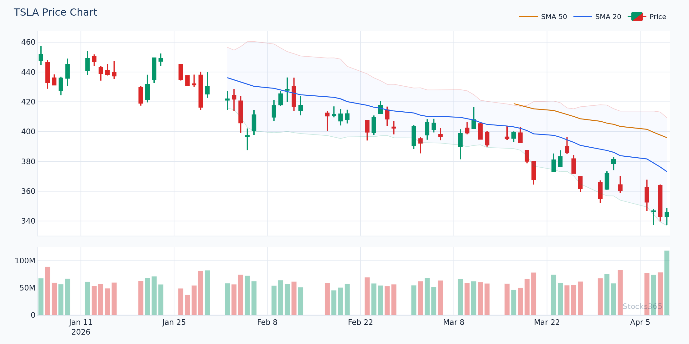TSLA showing a textbook W-Bottom pattern using Bollinger Bands — the second low held above the lower band, confirming buyer strength